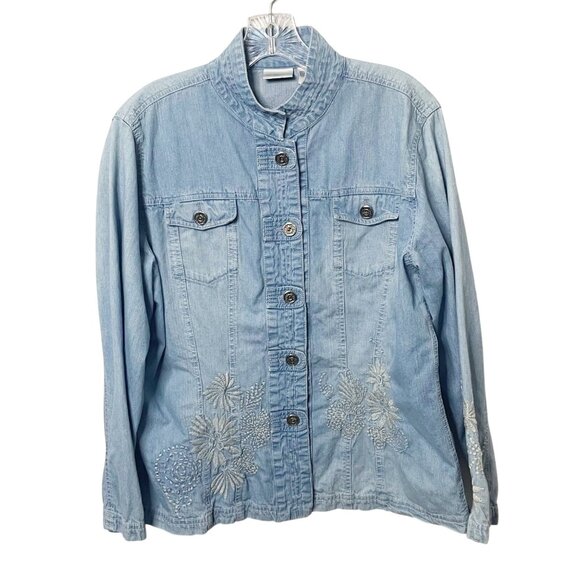 Chico’s Blue Denim Embroidered Button Up Mock Neck Long Sleeve Shirt Women’s 2/L - Picture 1 of 9